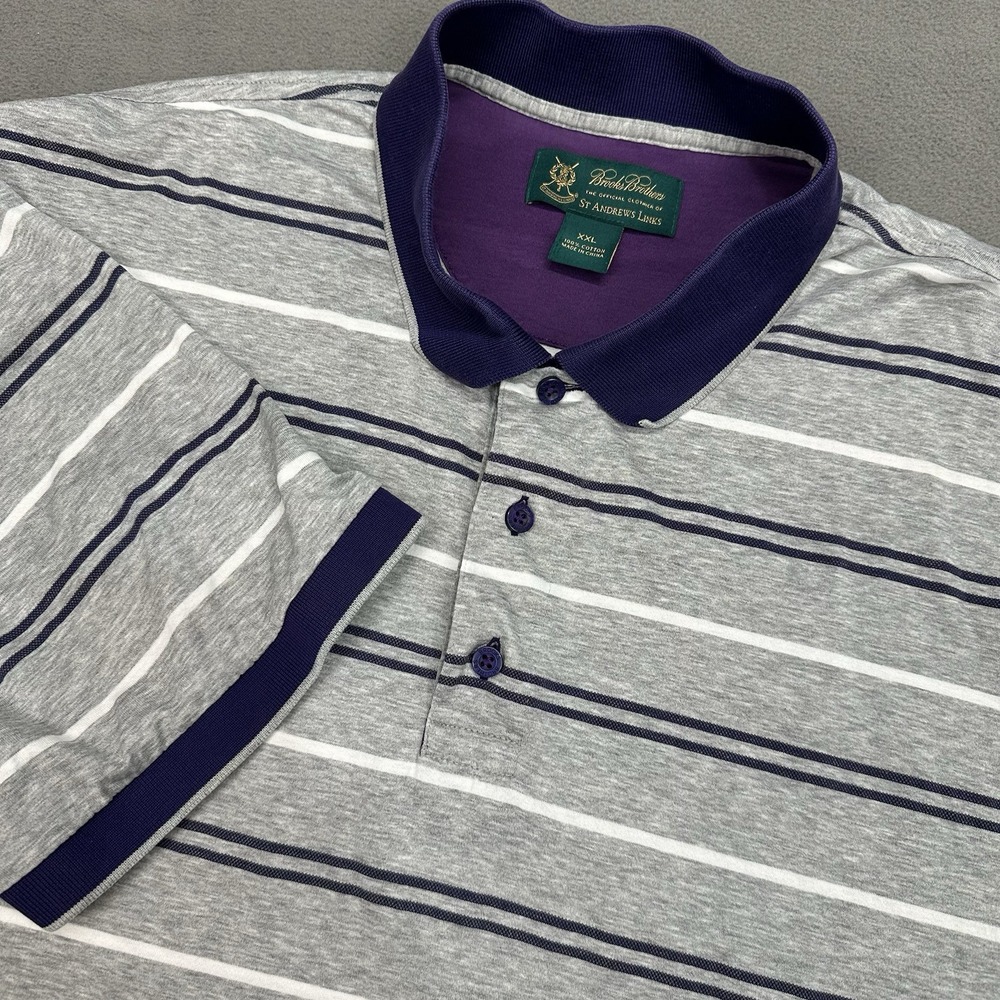 Brooks Brothers Performance Golf Polo Shirt‎ Mens 2XL Gray Purple Striped